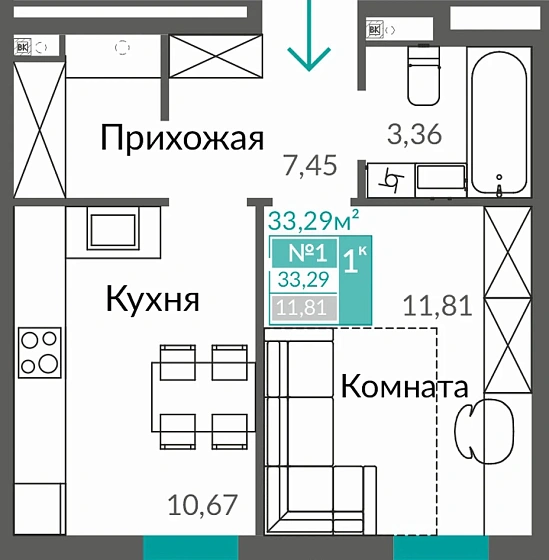 Квартира 1-комн. 33.29 кв.м