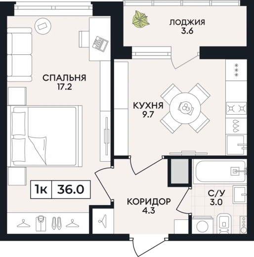 Квартира 1-комн. 36 кв. м