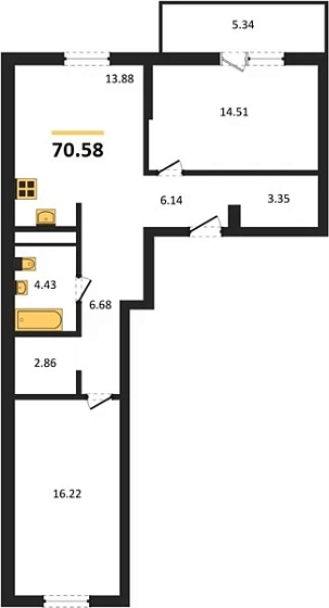 Квартира 2-комн. 70.58 кв. м
