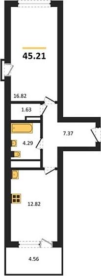 Квартира 1-комн. 45.21 кв. м