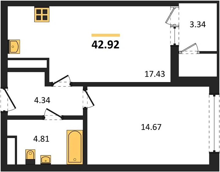 Квартира 1-комн. 42.92 кв. м