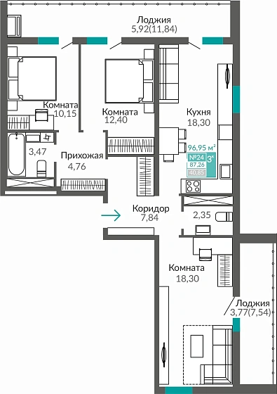 Квартира 3-комн. 87.26 кв.м