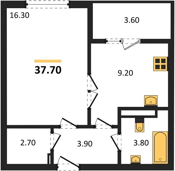 Квартира 1-комн. 37.7 кв. м
