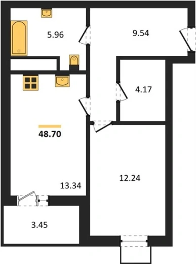 Квартира 1-комн. 48.7 кв. м