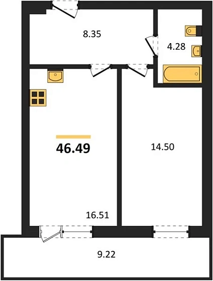 Квартира 1-комн. 46.49 кв. м
