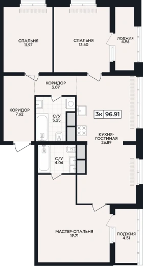 Квартира 3-комн. 96.91 кв. м