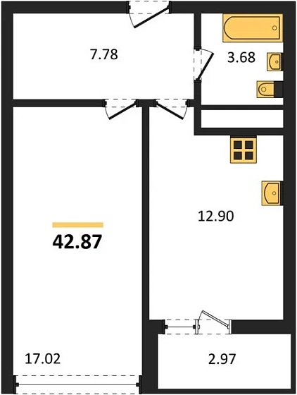 Квартира 1-комн. 42.87 кв. м