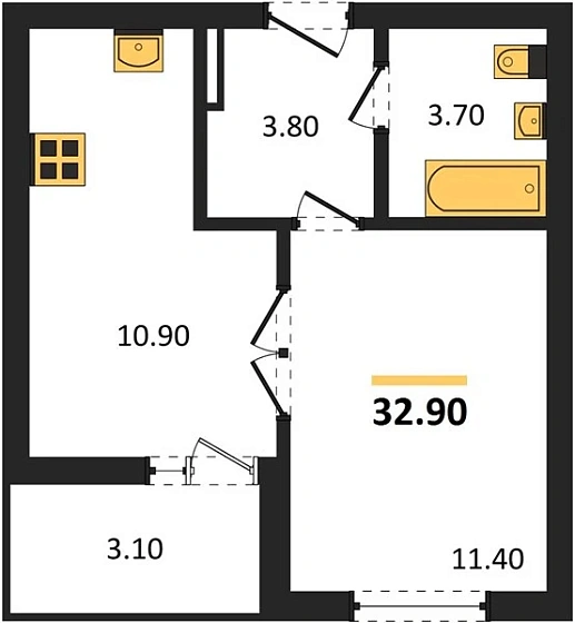 Квартира 1-комн. 32.9 кв. м