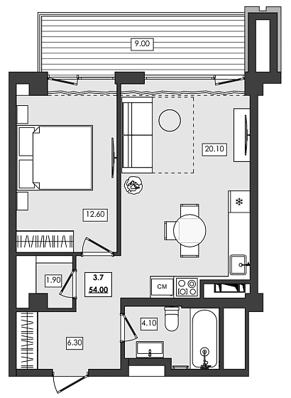 Апартаменты 2-комн. 54 кв. м