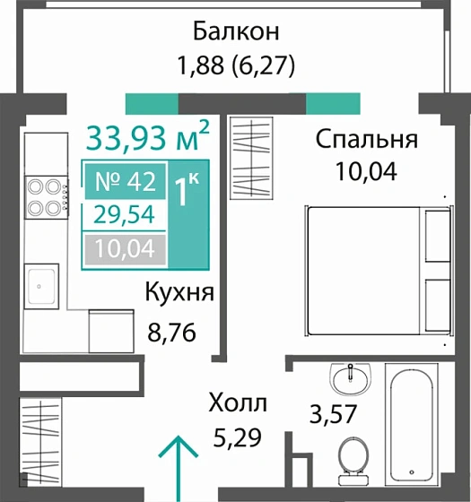 Квартира 1-комн. 29.54 кв.м