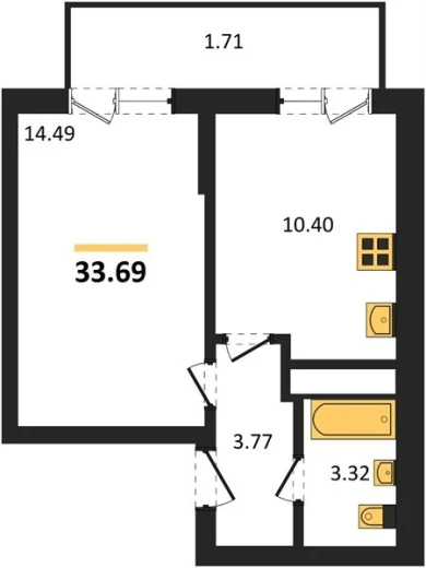 Квартира 1-комн. 35 кв. м