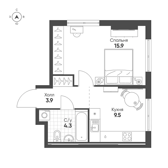 Квартира 1-комн. 33.6 кв. м