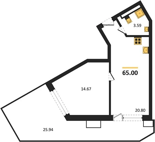 Апартаменты 1-комн. 65 кв. м