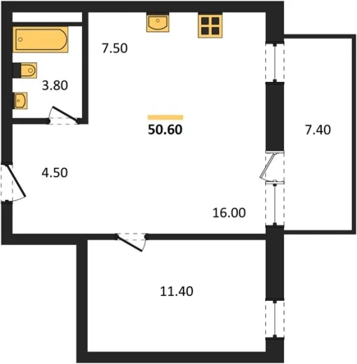 Квартира 1-комн. 50.6 кв. м