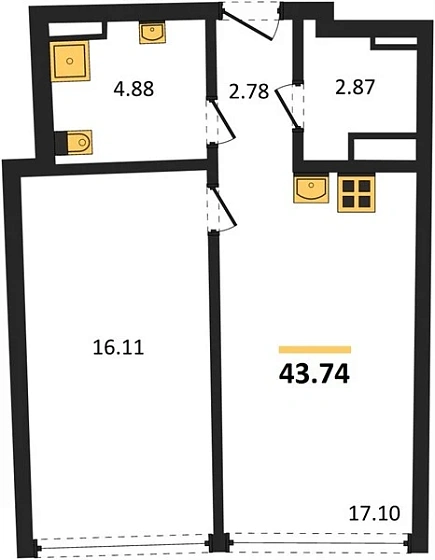 Апартаменты 1-комн. 43.74 кв. м