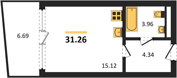 Апартаменты 1-комн. 31.26 кв. м