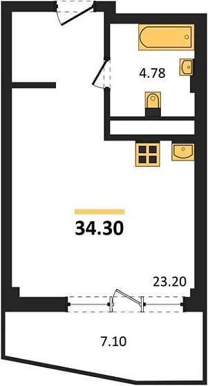 Апартаменты 1-комн. 34.3 кв. м