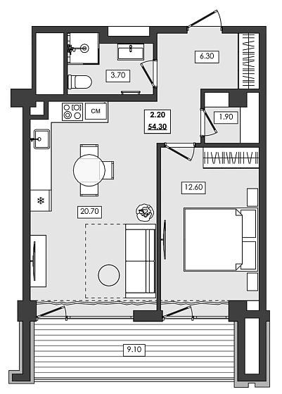 Апартаменты 2-комн. 54.3 кв. м