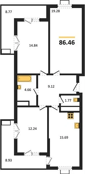 Квартира 3-комн. 86.46 кв. м