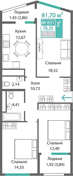 Квартира 3-комн. 78.35 кв.м