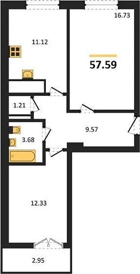 Квартира 2-комн. 57.59 кв. м