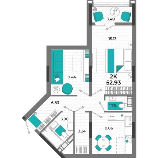 Квартира 2-комн. 52.93 кв. м