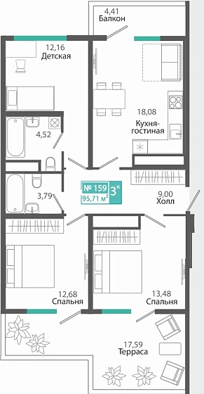 Квартира 3-комн. 95.71 кв.м