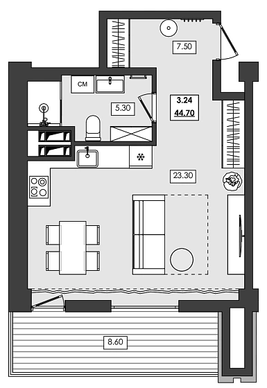 Апартаменты 1-комн. 44.7 кв. м