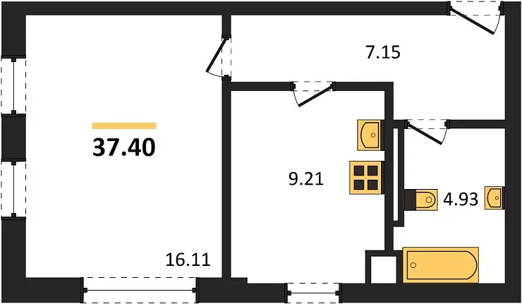 Квартира 1-комн. 37.4 кв. м