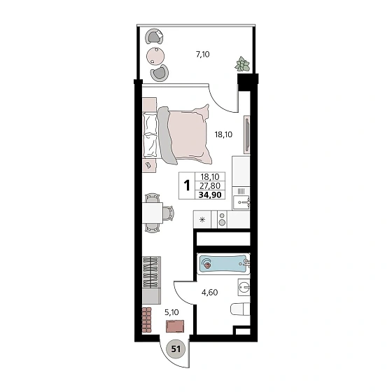 Апартаменты 1-комн. 34.9 кв. м