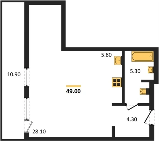 Квартира 1-комн. 49 кв. м