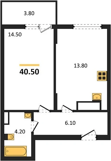 Квартира 1-комн. 40.5 кв. м