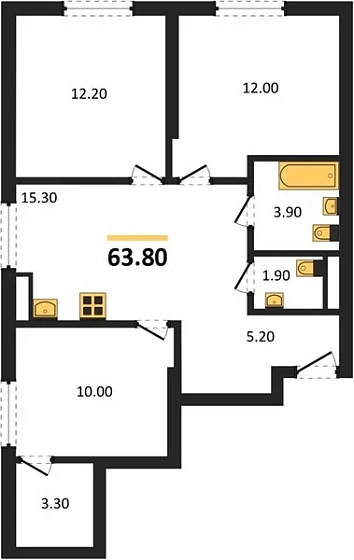 Квартира 3-комн. 63.8 кв. м