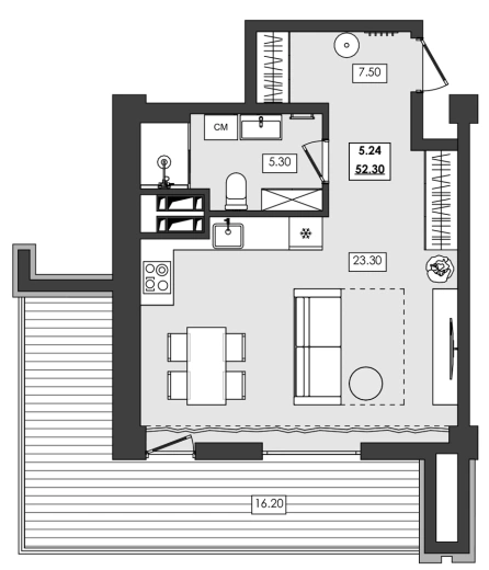 Апартаменты 1-комн. 52.3 кв. м