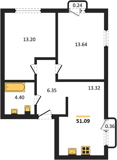 Квартира 2-комн. 51.09 кв. м