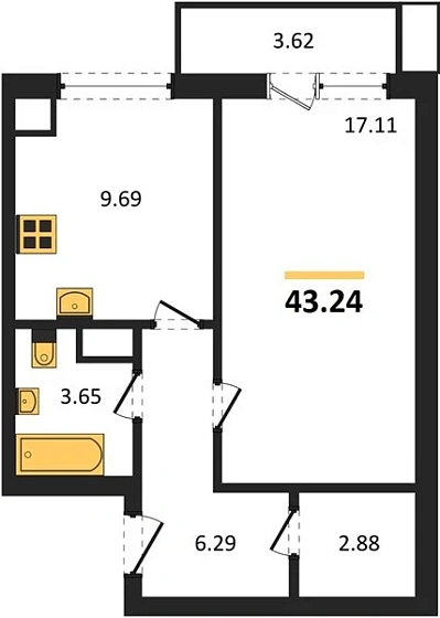 Квартира 1-комн. 43.24 кв. м