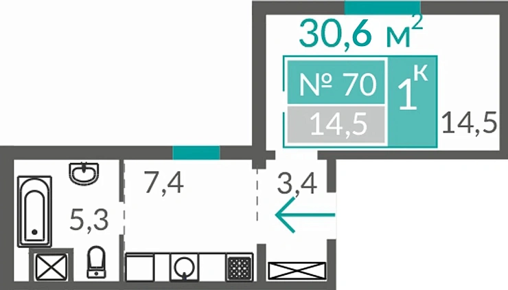 Апартаменты 1-комн. 30.6 кв.м