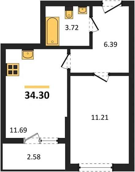 Квартира 1-комн. 34.3 кв. м