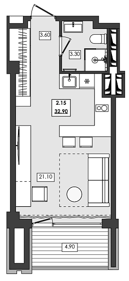 Апартаменты 1-комн. 32.9 кв. м