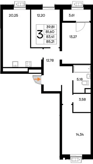 Квартира 3-комн. 85.21 кв. м