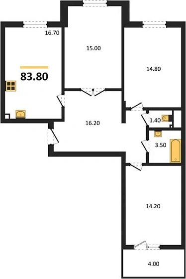 Квартира 3-комн. 83.8 кв. м