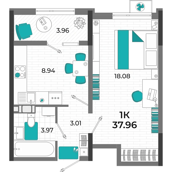 Квартира 1-комн. 37.96 кв. м