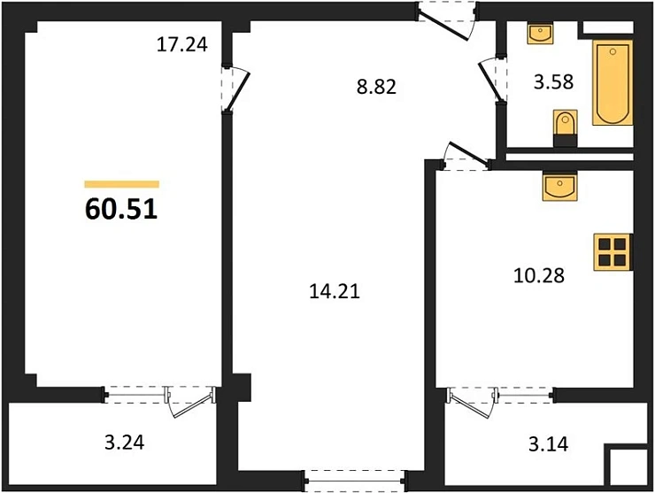 Квартира 2-комн. 60.51 кв. м