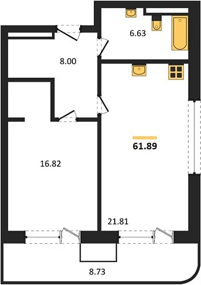 Апартаменты 1-комн. 61.89 кв. м