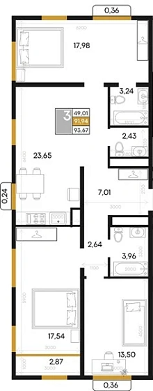 Квартира 3-комн. 93.67 кв. м