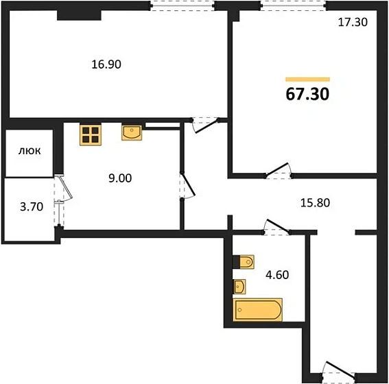 Квартира 2-комн. 67.3 кв. м