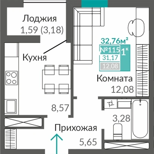 Квартира 1-комн. 31.17 кв.м