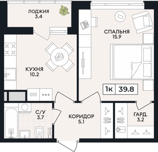 Квартира 1-комн. 39.8 кв. м