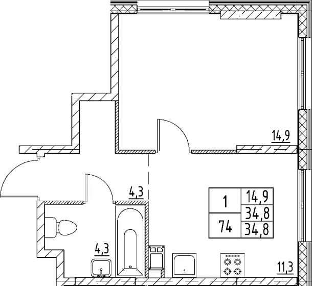 Квартира 1-комн. 34.8 кв. м