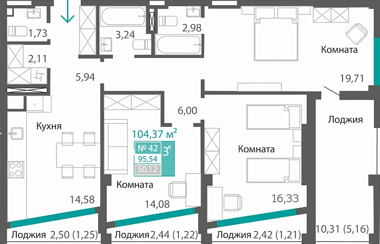 Квартира 3-комн. 95.54 кв.м